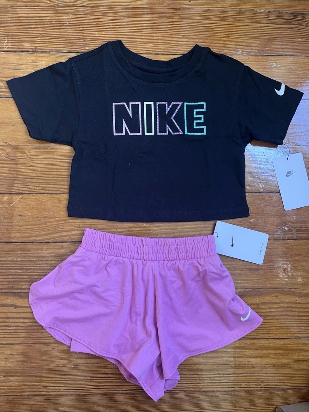 *NWT* Nike Black Crop Tee with Neon Logo & Pink Athletic Shorts — Girls 2T